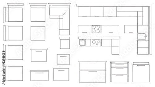 Comprehensive CAD Views of Modern Kitchen Furniture Layouts and Cabinetry Elements