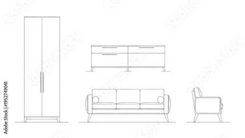 Vector Line Drawing of Household Furniture Set - Wardrobe, Sofa, Armchair, Cabinet