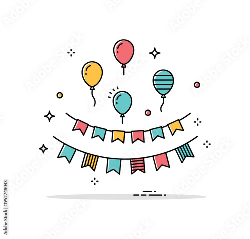 Bright festive bunting and balloons theme illustrated by small string of triangular flags with floating balloons above, expressing cheerful decoration for