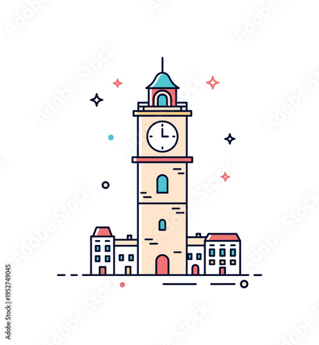 Clock tower old town square theme represented by a classic tower with a visible clock dial and small building outlines at its base, expressing community