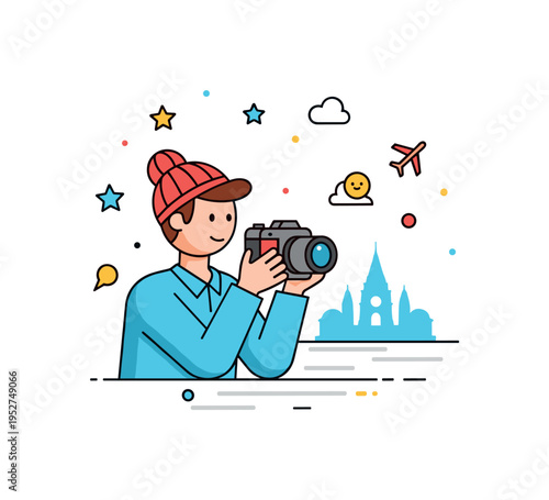 Cultural traveler concept showing a figure holding a camera with a tiny landmark silhouette behind, symbolizing curiosity and memory making. The badge style