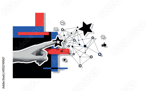 A monochrome human hand tapping a large floating star icon, geometric lines and circular nodes spreading across the composition to represent online impact,