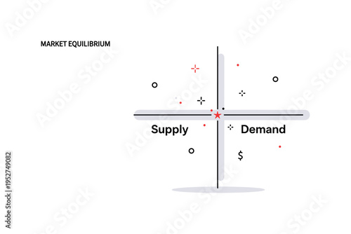 Market equilibrium simple intersection of two bold lines labeled Supply and Demand forming a clear cross point with small star accent. A concise visual
