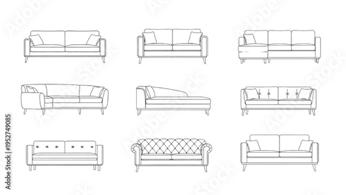 Collection of sofa illustrations for interior design and furniture catalogs