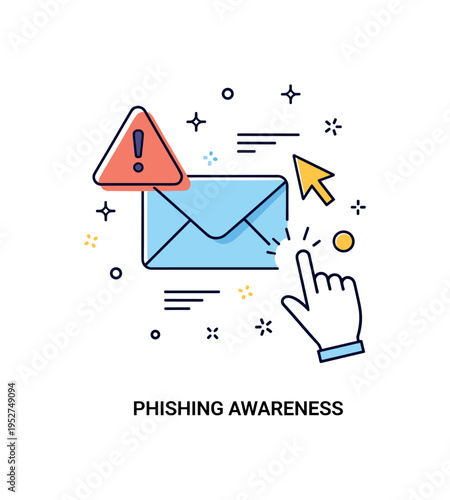 Phishing awareness illustration centered on an email envelope icon with a subtle warning sign and cautious hand cursor nearby, expressing recognition of
