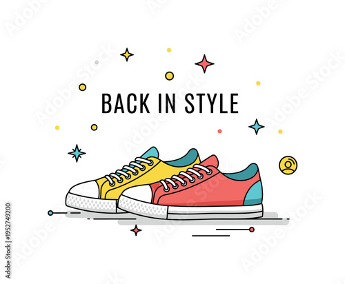 Retro fashion comeback shown through a pair of classic sneakers placed prominently with a subtle Back in Style caption, enhanced by small decorative stars for