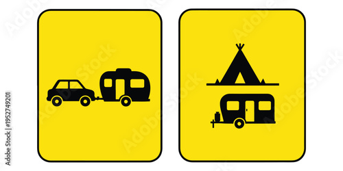 Two yellow road signs with car and trailer and tent icons