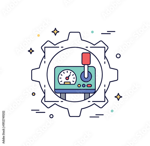 Manufacturing equipment control small machine console with lever and gauge dial framed by a simple gear outline, expressing operational control and technical