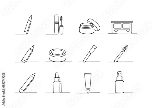 "Eyebrow Makeup Products". Minimalistic set one-line drawing eyebrow pencil, eyebrow gel, eyebrow pomade jar, eyebrow powder palette, eyebrow marker pen,