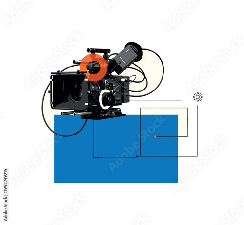 Black and white behind-the-scenes camera rig with cables visible, bold blue block placed beneath as grounding element, orange circular accent near