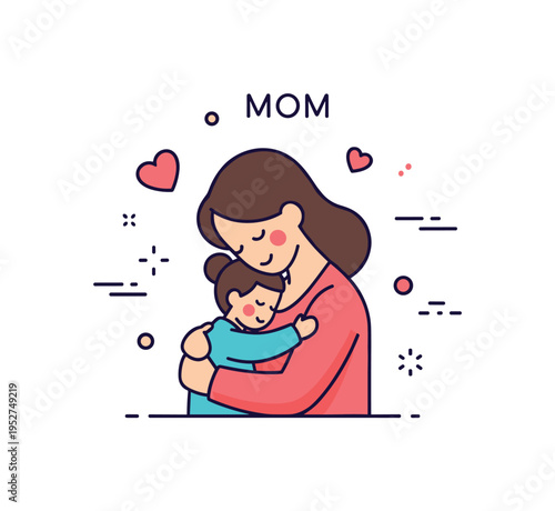 Mom's love warm embrace between mother and child with subtle heart accents surrounding them, expressing unconditional care, protection and emotional warmth.
