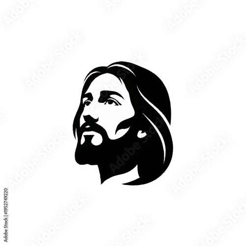 Jesus Christ portrait in black and white, looking up with serene expression.