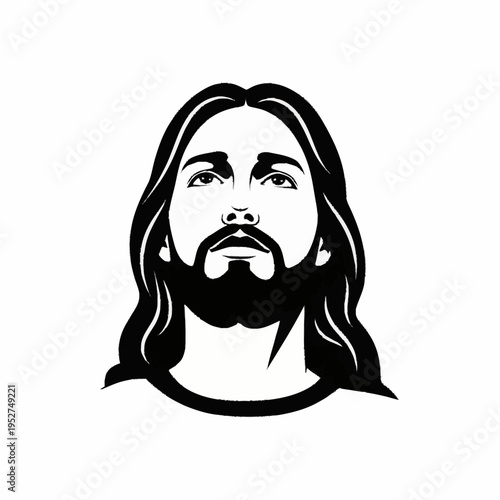 Jesus Christ portrait in black and white, looking up with serene expression.