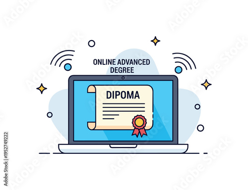 Online advanced degree program illustrated by a laptop screen displaying a diploma icon representing flexible higher education and digital learning