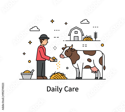 Feeding farm animals scene with a person offering grain to a friendly cow in a simple countryside setting. A small barn silhouette, subtle hay details and a