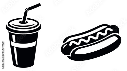 Line art fast food icons set featuring a hot dog and a soda cup for menu design