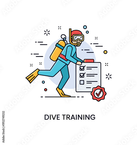 Scuba diving training concept with a compact diver icon accompanied by a small checklist badge and oxygen tank detail, representing certification and safety