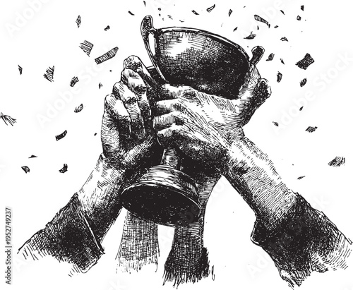 A stylized illustration of hands raising the championship trophy amidst falling confetti.