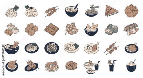 Indonesian Traditional Food and Street Food Hand Drawn Doodle Illustration Icon Set