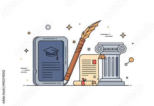 Ancient education systems stone tablet and reed stylus placed beside a small classical column and scroll, expressing the origins of structured learning and