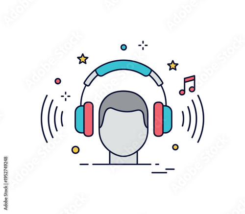 Music and identity headphones resting around a simple silhouette head with subtle sound wave lines radiating outward. A refined editorial icon about playlists