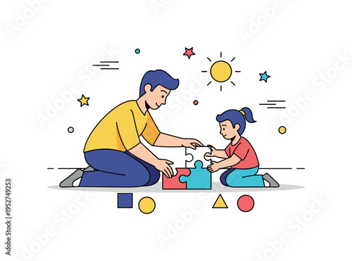 A parent and child assembling a jigsaw puzzle on a sunny floor with playful shapes, illustrating guided learning, focus, and achievement through
