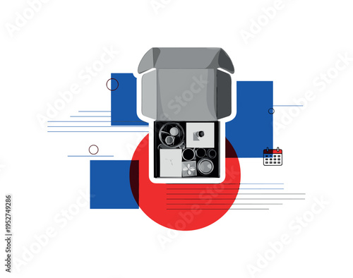 Black and white open subscription box viewed from above with curated items inside, bold red circle placed beneath the box as focal accent, abstract blue