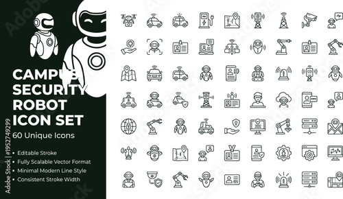 Campus security robot line icon set with surveillance patrol bots smart monitoring and safety technology symbols