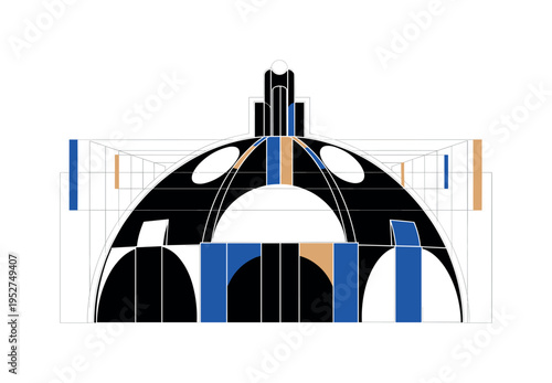 Black and white cathedral dome simplified into geometric semicircles and cylinders, intersected by abstract rectangular shapes symbolizing architectural