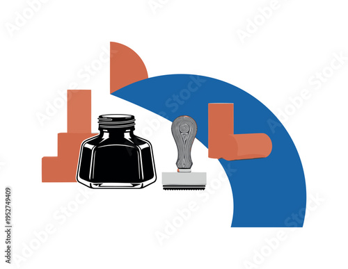 Black and white artist desk scene with ink bottle and carved stamp, oversized cobalt blue semicircle framing the objects, terracotta abstract blocks and