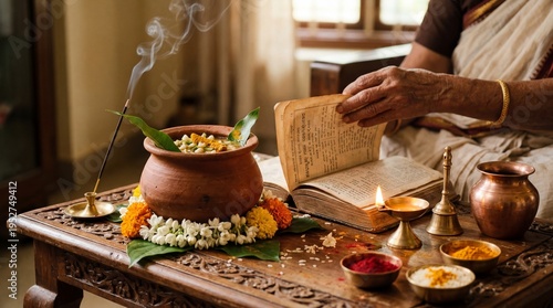 Hands reading traditional Hindu almanac during Ugadi festival pooja rituals.