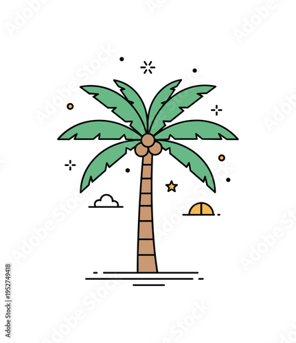 Palm tree tropical silhouette tall slender trunk with wide curved fronds spreading outward, centered as a relaxed island emblem. A compact editorial