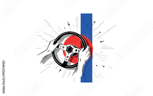 Black and white retro steering wheel held by driver?s hands mid-drift, red circle centered behind wheel, blue vertical rectangle splitting composition, thin