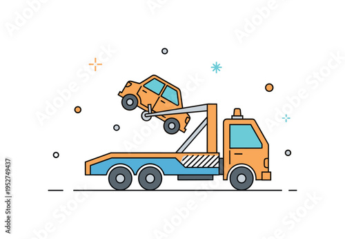 Roadside emergency assistance theme shown as a tow truck gently lifting a small car icon, expressing recovery and support after an incident. The balanced