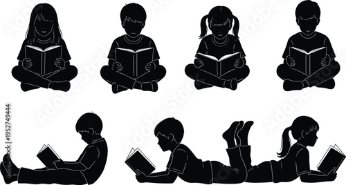 Set of Silhouettes of Children Reading Books, Isolated Vector Illustrations of Kids Learning and Enjoying Literature in Various 