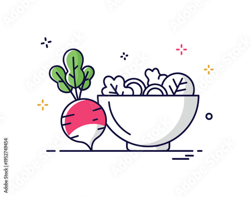 Healthy snack ingredient radish placed beside a minimal salad bowl outline with subtle spark accents suggesting freshness. A concise visual metaphor for light