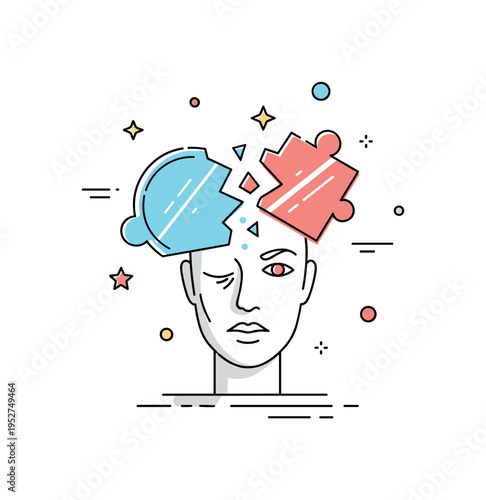 Rebuilding identity broken mirror pieces beginning to realign around a distorted but stabilizing face conveying recovery and growth. The compact scene balances