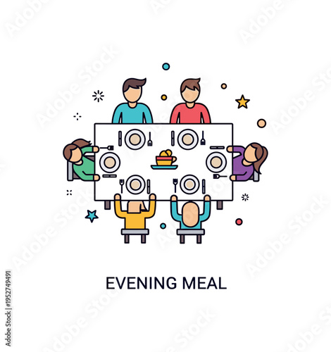 Casual family dinner badge featuring a simple table with small plates and four figures seated around it. A subtle ?Evening Meal? caption emphasizes shared