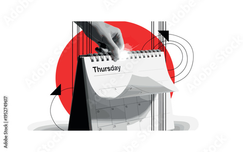 Close-up monochrome tear-off desk calendar page being flipped to Thursday, framed by a bold red circle and thin vertical structural lines, intense flash of