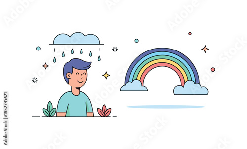 Nature inspired joy with a person standing under light rain and smiling toward a rainbow expressing gratitude and simple pleasures. Soft curved shapes maintain