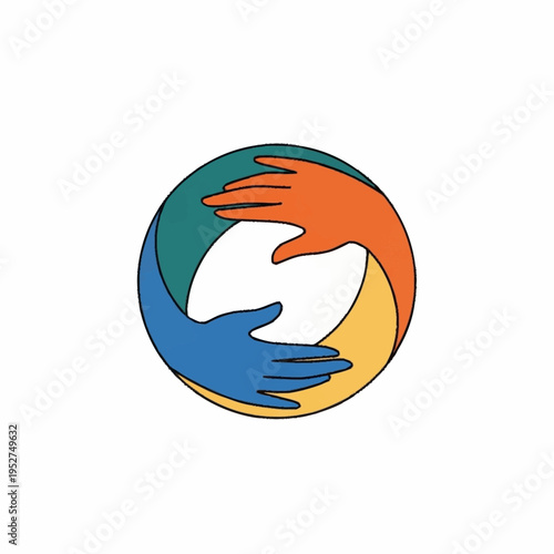 Three colorful hands forming a circular symbol of unity and connection.