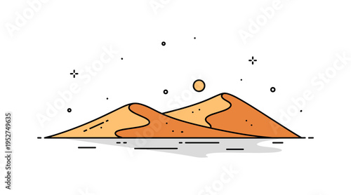 Minimal desert serenity theme featuring smooth dune silhouettes with a small sun and subtle shadow gradients, expressing vastness and quiet stillness. The