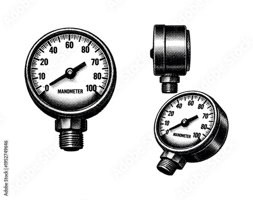 Vintage mechanical manometer with round dial. Black and white dot style with halftone texture and high contrast. Halftone texture with partial solid black