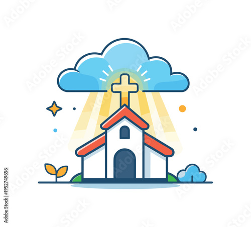 Hope during difficult times represented by a small church with a bright cross on its roof illuminated by soft rays breaking through clouds. The visual metaphor