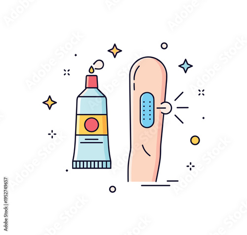 Home care for bruised skin showing a simple ointment tube and a highlighted arm patch arranged in a clean badge layout, symbolizing soothing treatment and