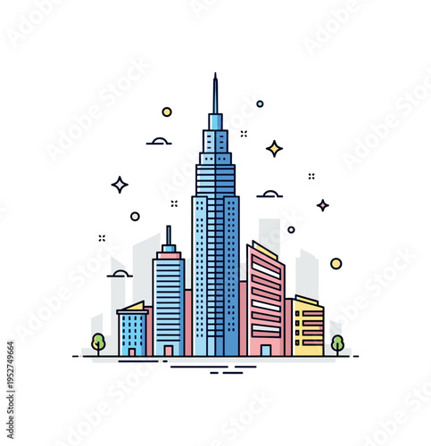 Skyscraper skyline silhouette showing a tall central tower with smaller buildings beside it, symbolizing ambition, economic growth and city expansion. The