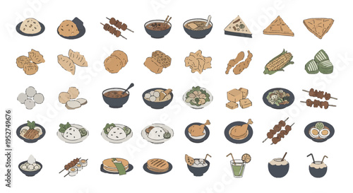 Indonesian Street Food and Traditional Snacks Collection Doodle Illustration Set