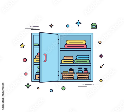 Bathroom storage arrangement depicted by a wall cabinet with folded towels and small baskets, expressing compact efficiency and visual cleanliness. The badge