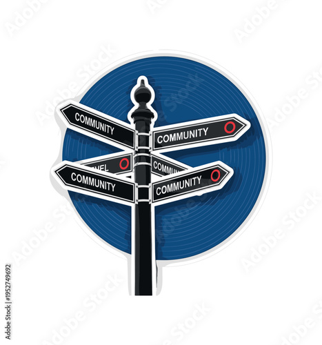 A black-and-white street sign pole with multiple directional arrows pointing to different areas, large flat deep blue circle behind symbolizing civic identity,