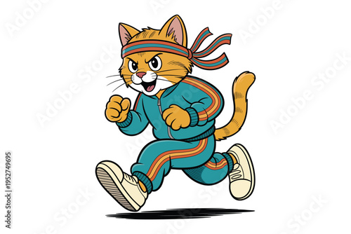 A determined cartoon cat wearing a tracksuit and headband is mid run showcasing a dynamic pose on transparent background high-quality.